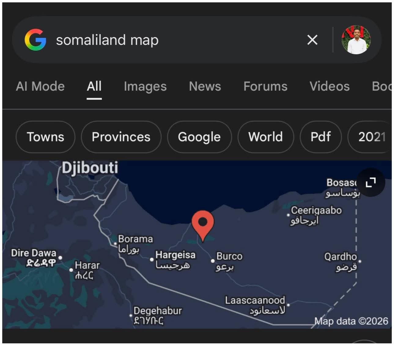 Google Maps display showing Hargeisa within Somaliland