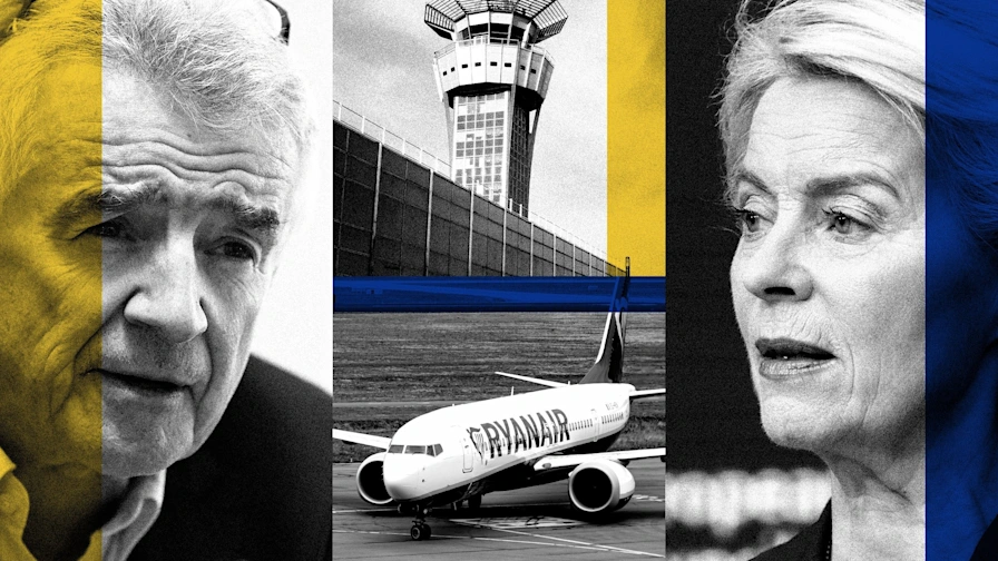 A composite image showing Peter Smith, Michael O'Leary, Ursula von der Leyen, and wreckage, illustrating a story of aviation politics.