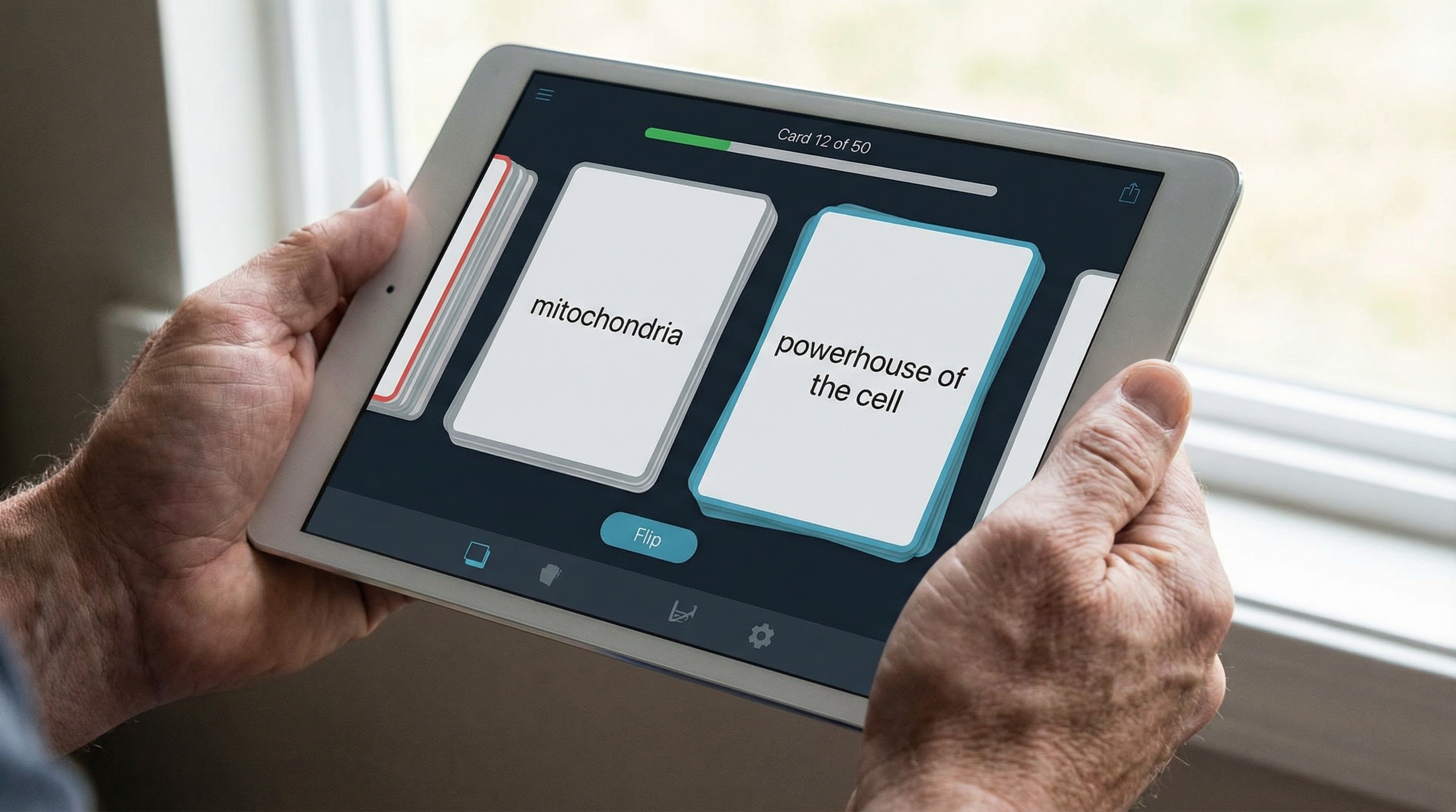 Close-up of a student using a flashcard study app on a tablet
