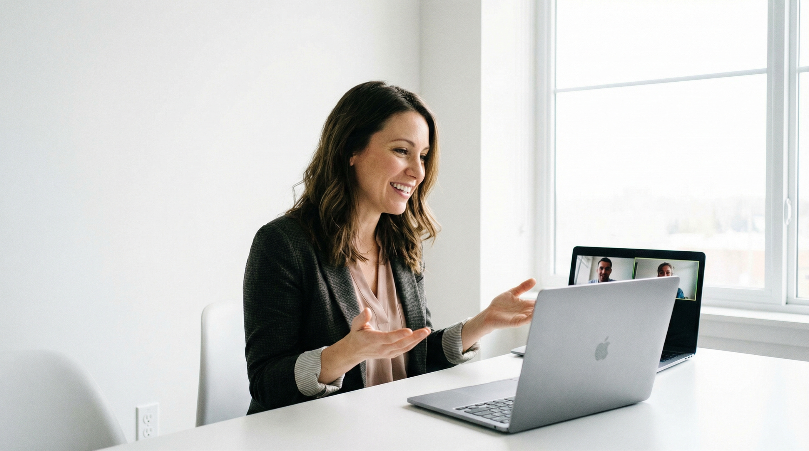 Graduate on a laptop in a neat space for a virtual job interview