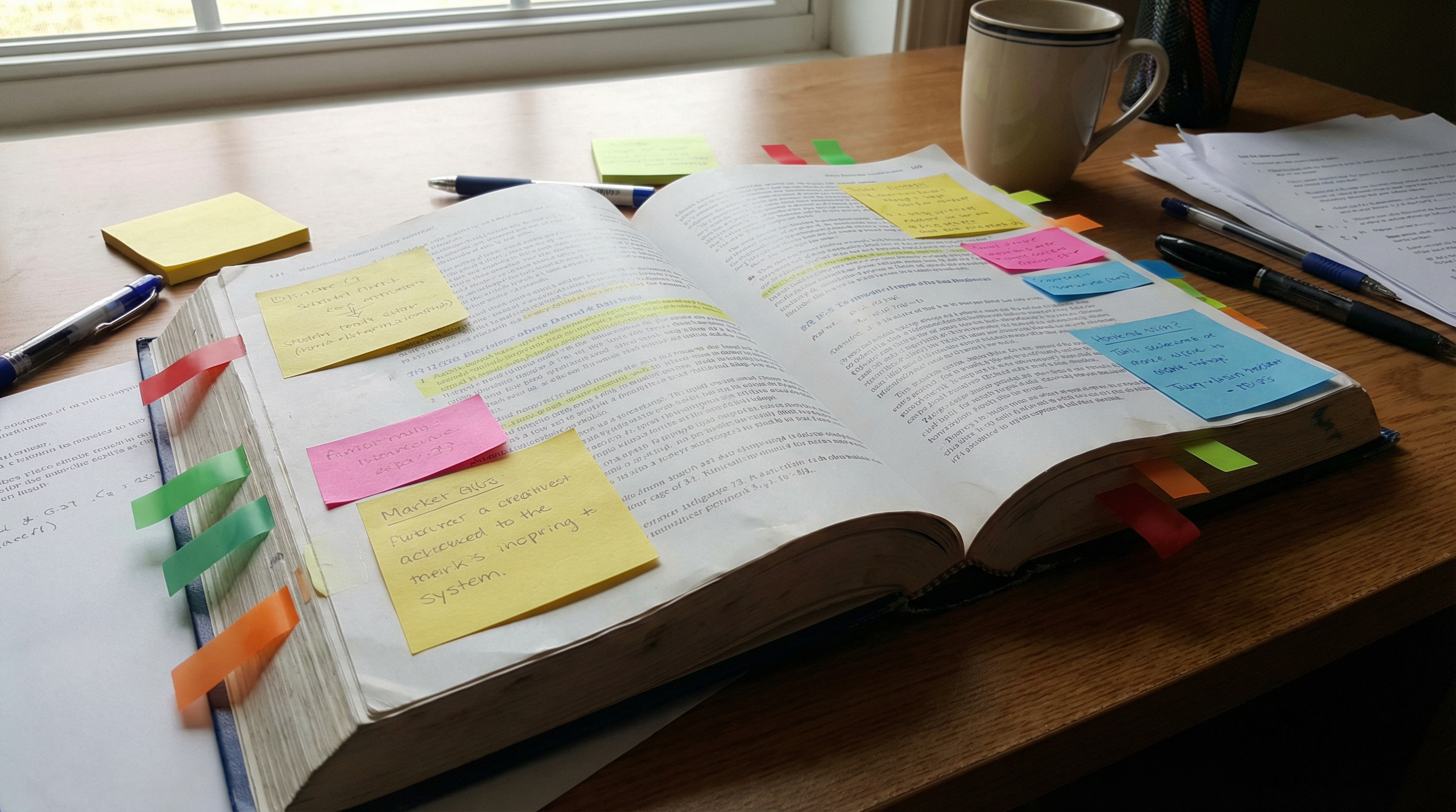 Open textbook with sticky notes and highlighter on a study desk