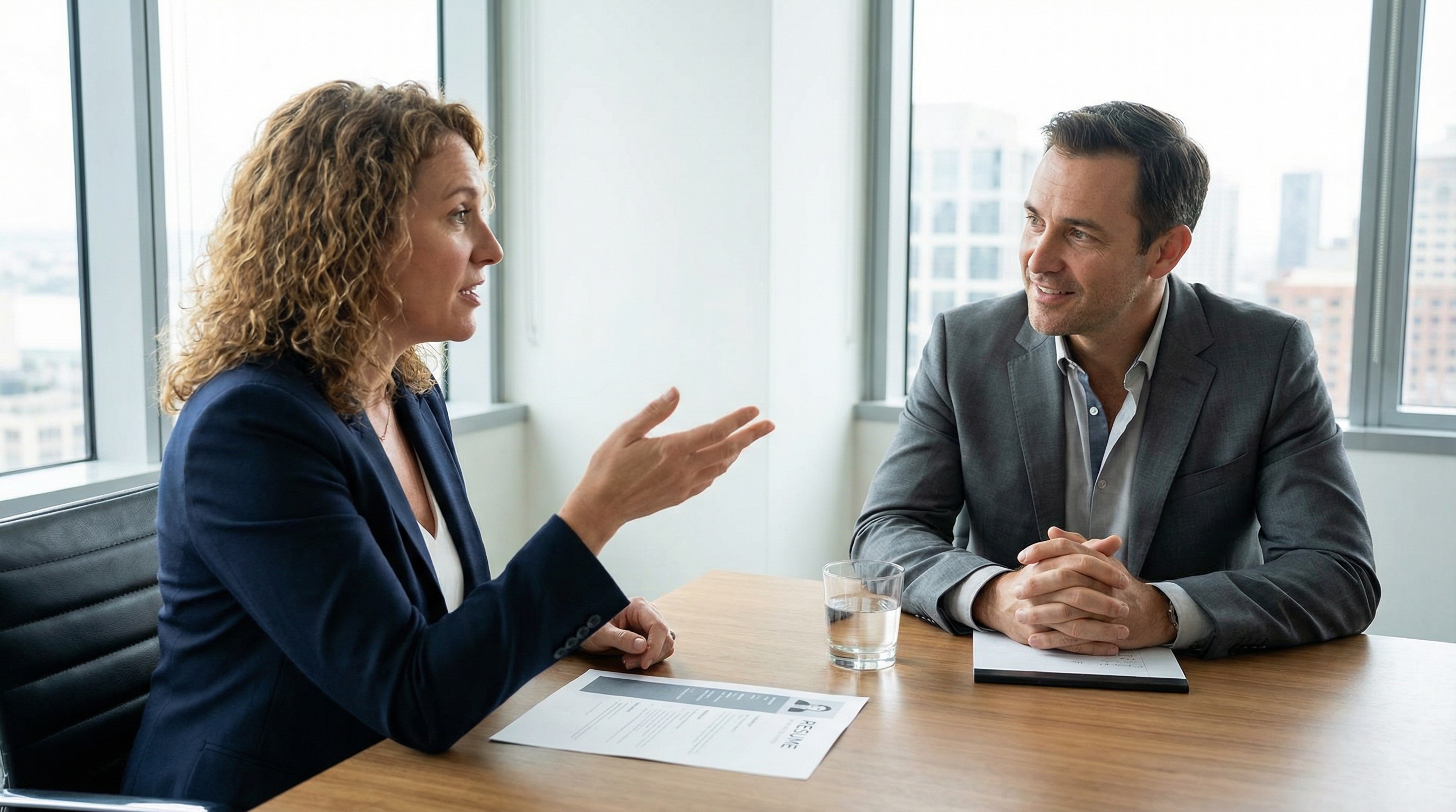 Two people in a professional interview setting with one speaking confidently