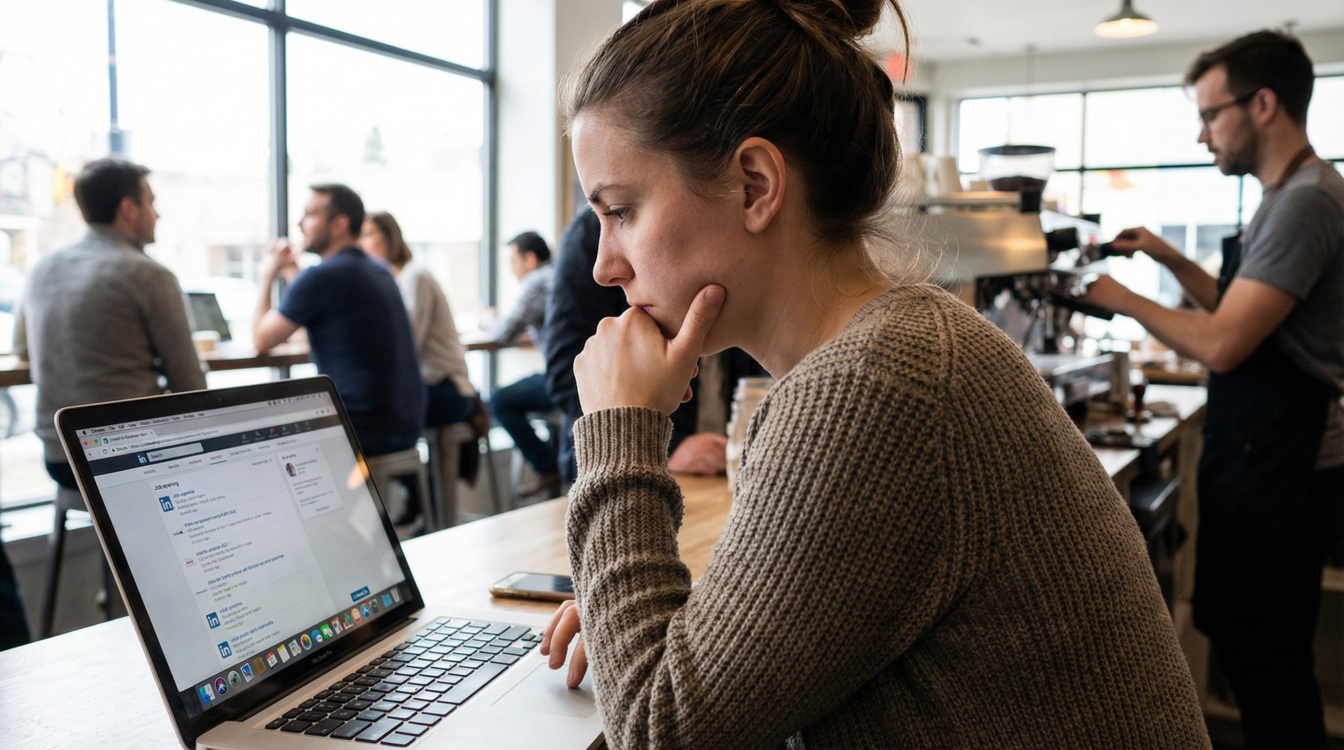 Person browsing job listings on a laptop at a coffee shop