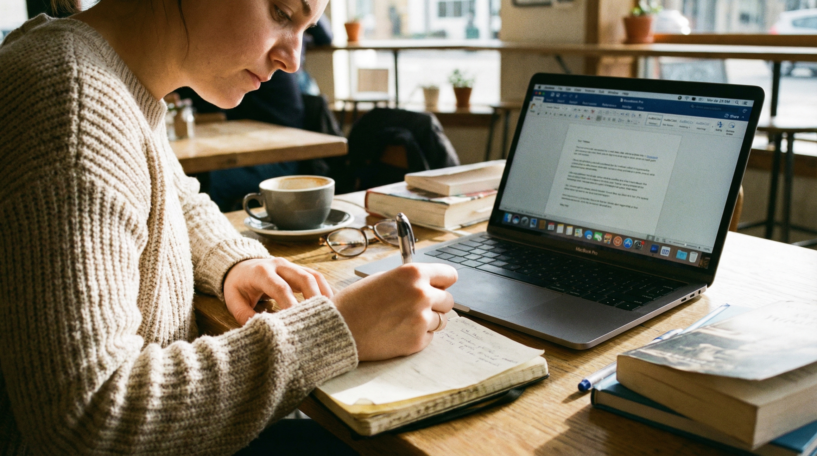 Graduate writing a cover letter on a laptop with notes beside them