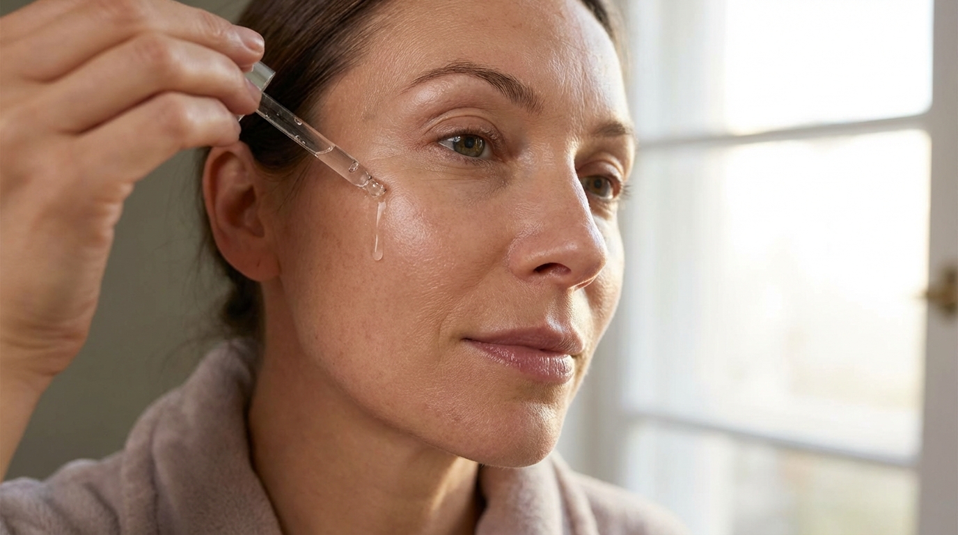 Woman applying serum to face morning skincare routine