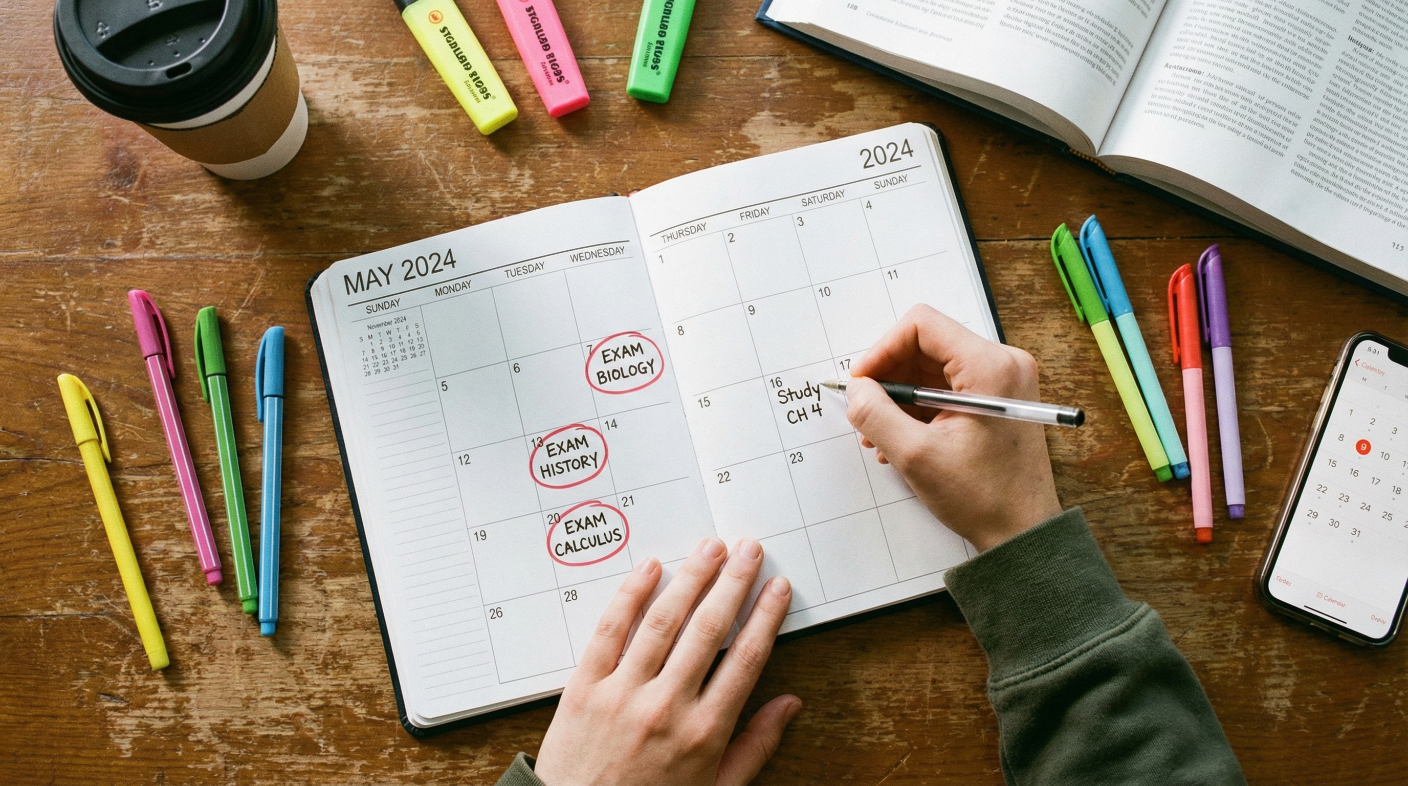 Student writing in a notebook while preparing a study plan for exams