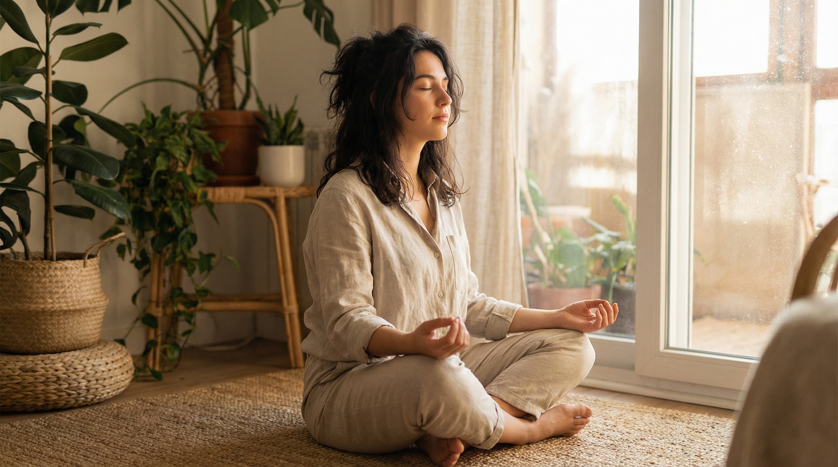 Student calmly sitting before an exam with eyes closed, breathing
