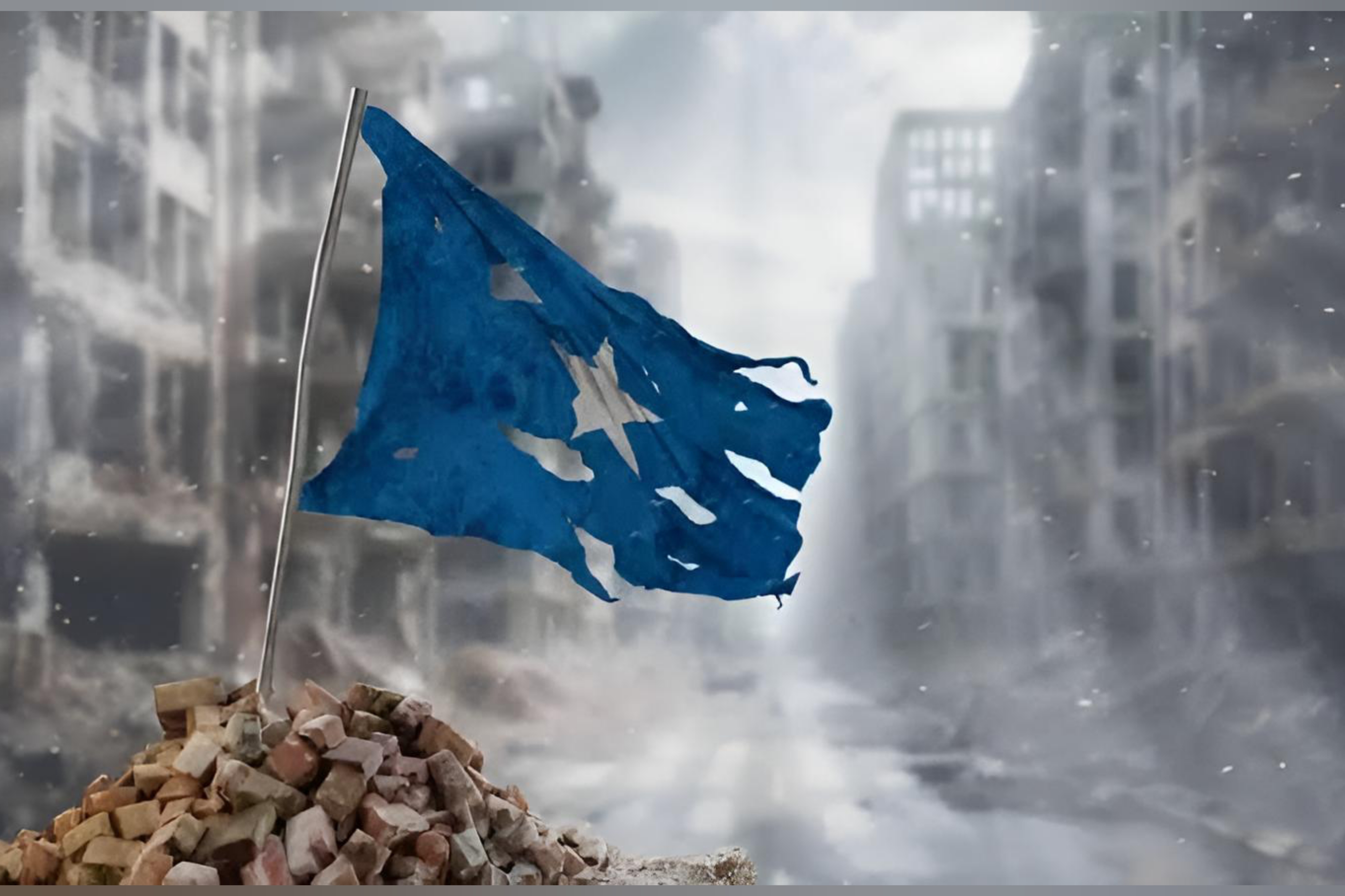 Tattered Somali flag amid ruins symbolizing political decay and insecurity