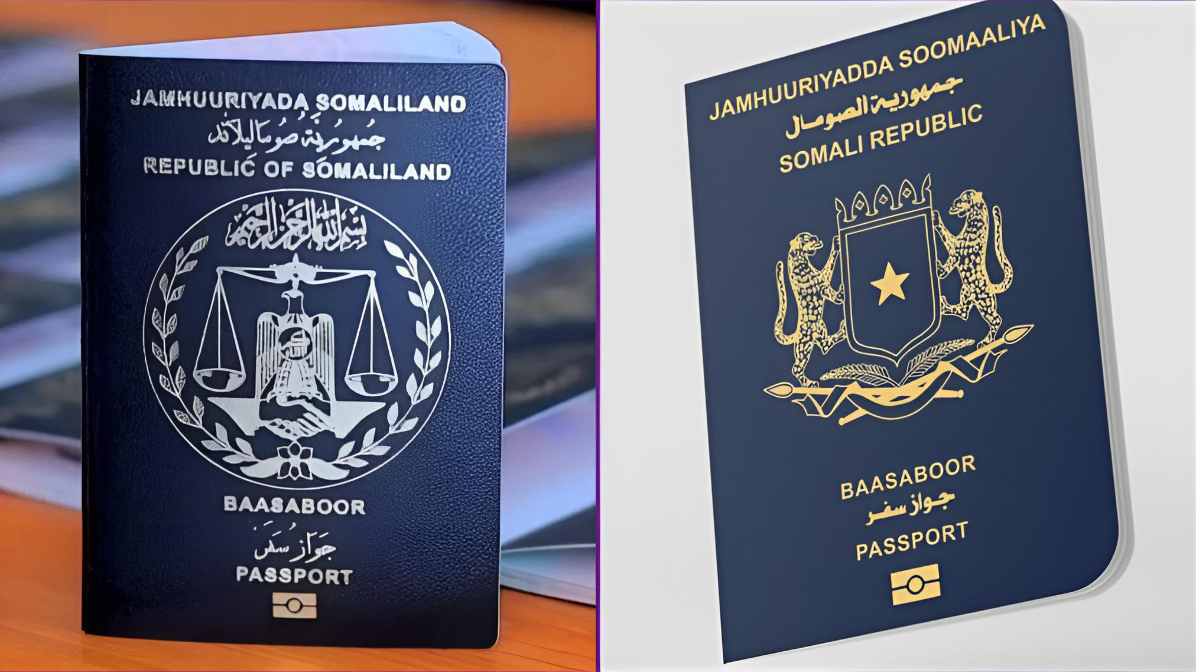 A Somaliland passport and a Somali passport placed side-by-side on a wooden surface.
