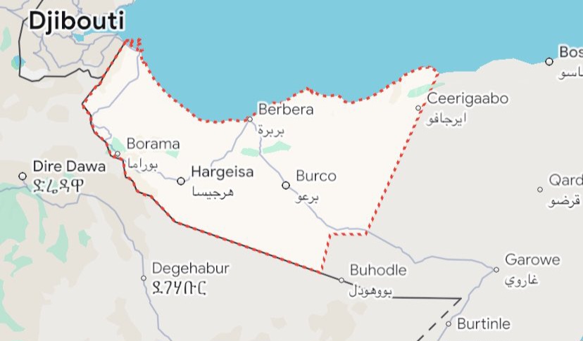 Map showing Somaliland's erased borders on Google Maps after Somalia's lobbying