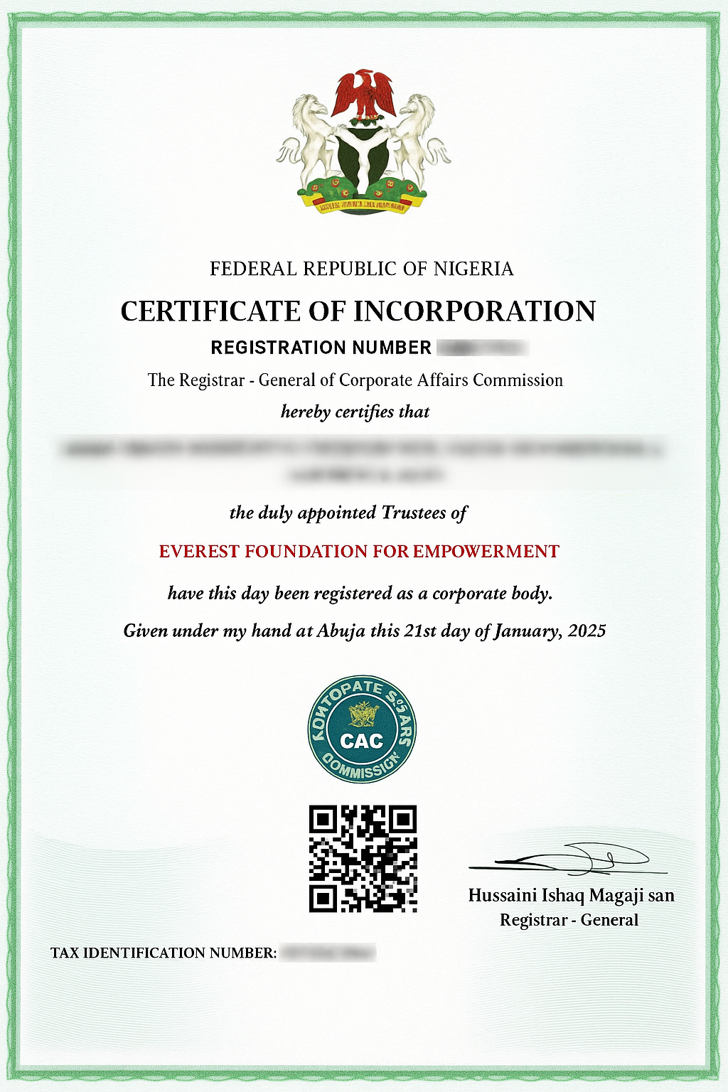 CAC Certificate for Everest Foundation
