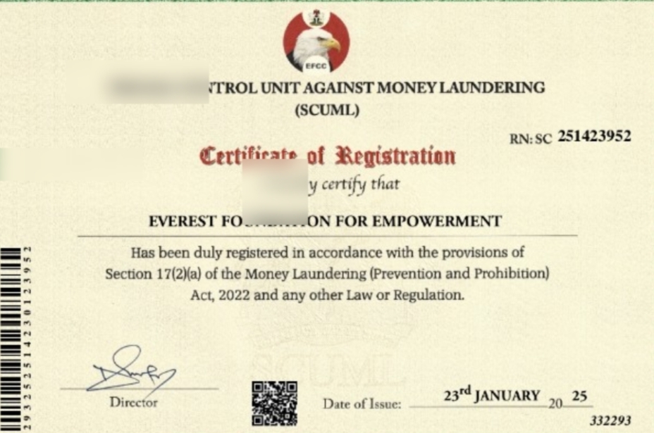 SCUML Certificate for Everest Foundation