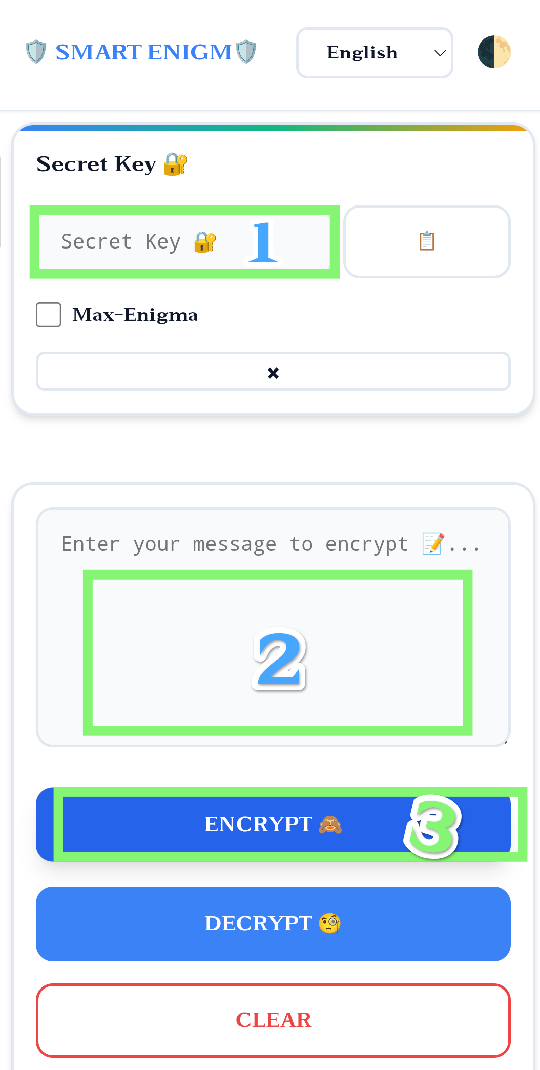 Interface de Smart Enigma montrant la saisie de la clé secrète et du message
