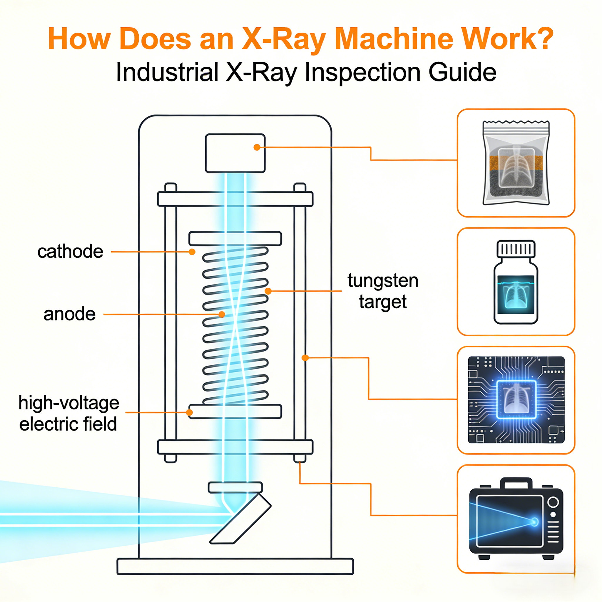 X-ray generation principle diagram: cathode, anode, high-voltage electric field, tungsten target