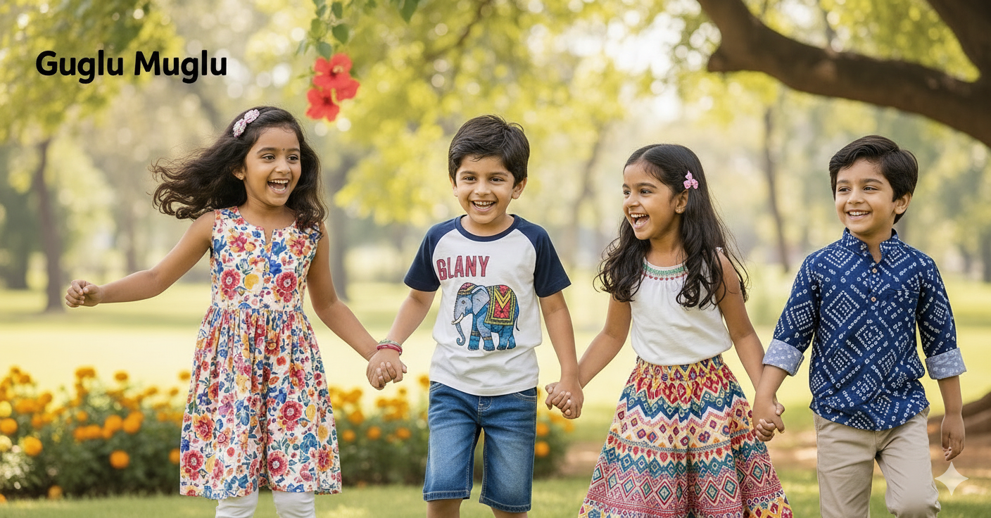 A group of happy kids wearing colorful clothes, playing outdoors.