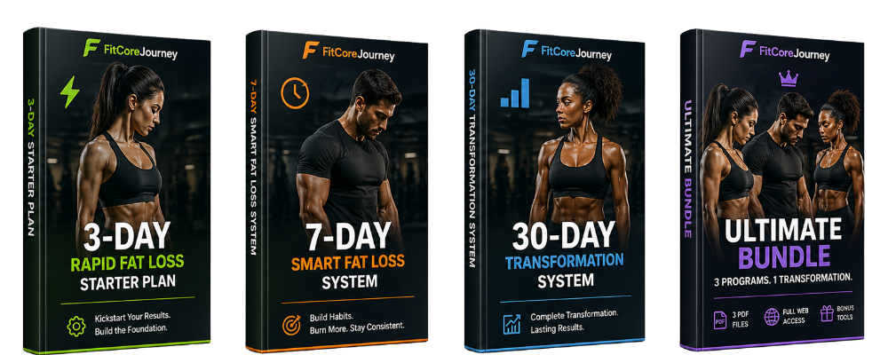 FitCoreJourney fat loss plan PDFs — 3-Day, 7-Day and 30-Day programs